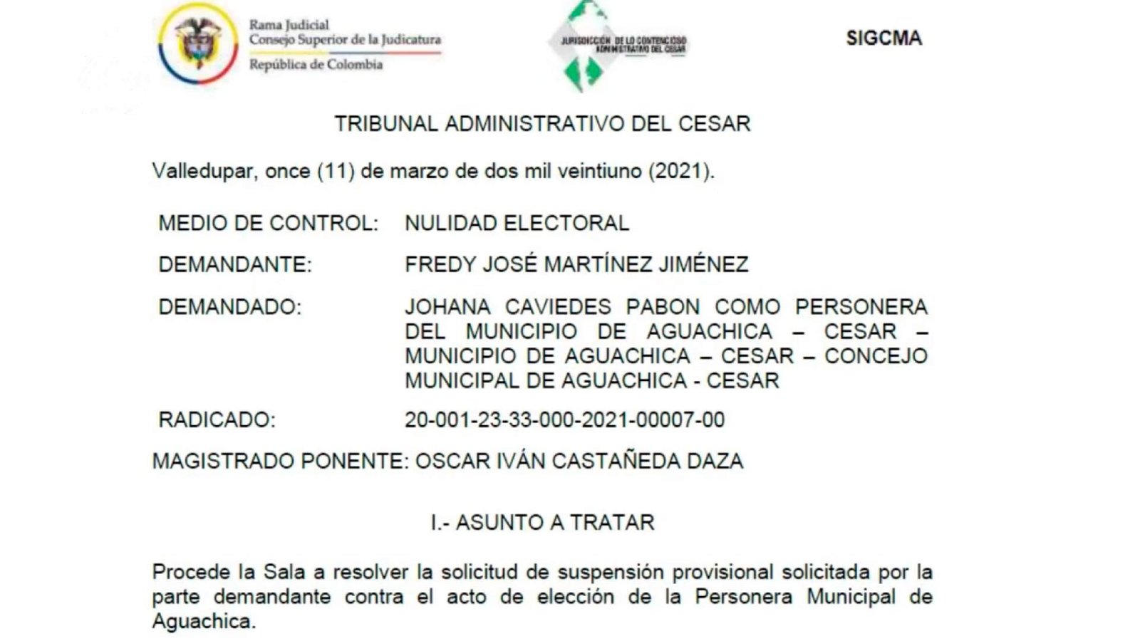 ORDENA LA SUSPENSIÓN PROVISIONAL DEL ACTO ADMINISTRATIVO QUE DESIGNÓ A LA PERSONERA